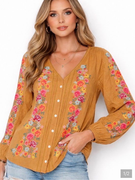 Savanna Jane Tops - Savanna Jane Mustard Embroidered Floral Button-Front Top